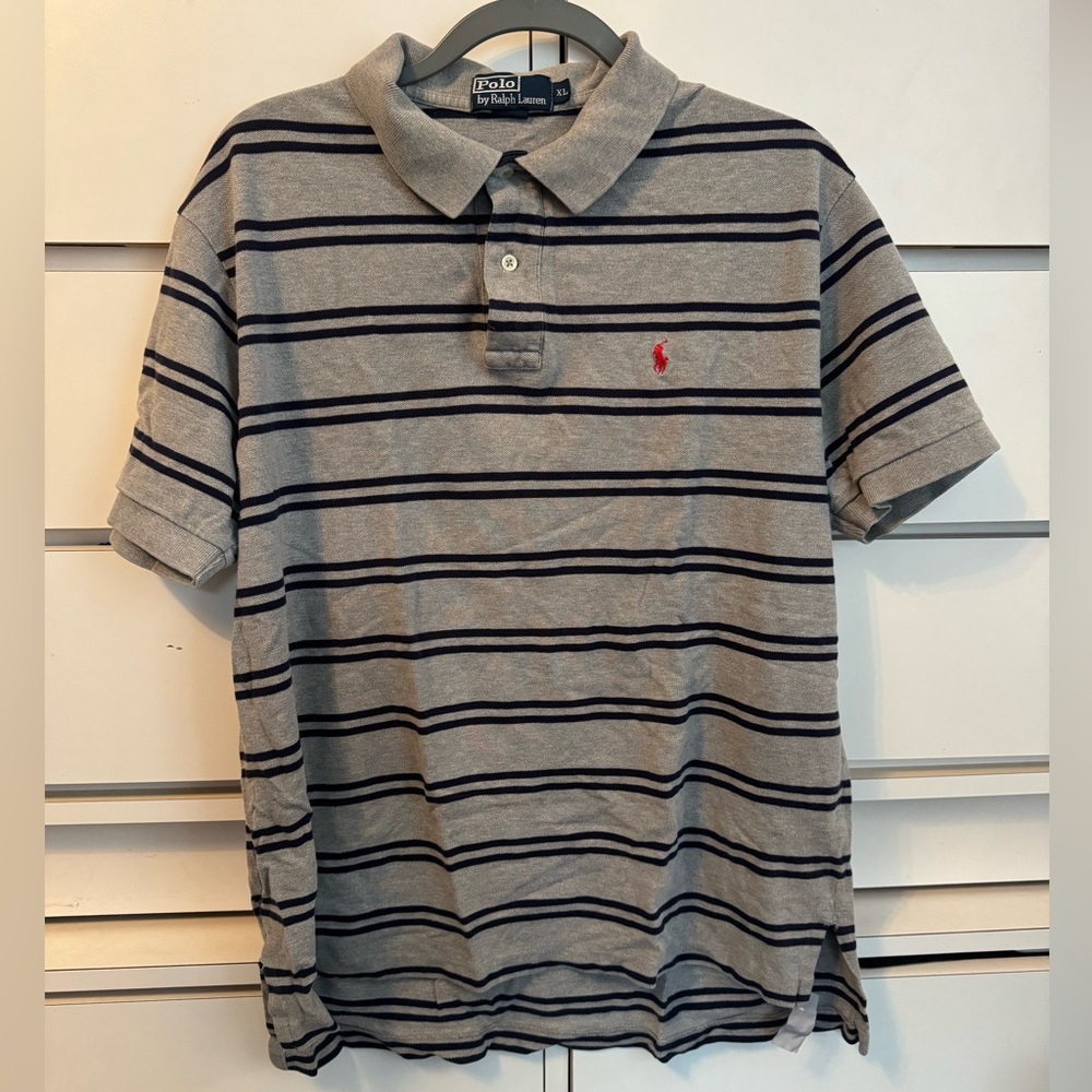 Polo Ralph Lauren Striped Polo Shirt Grey Black XL Red Pony Vintage Style Preppy